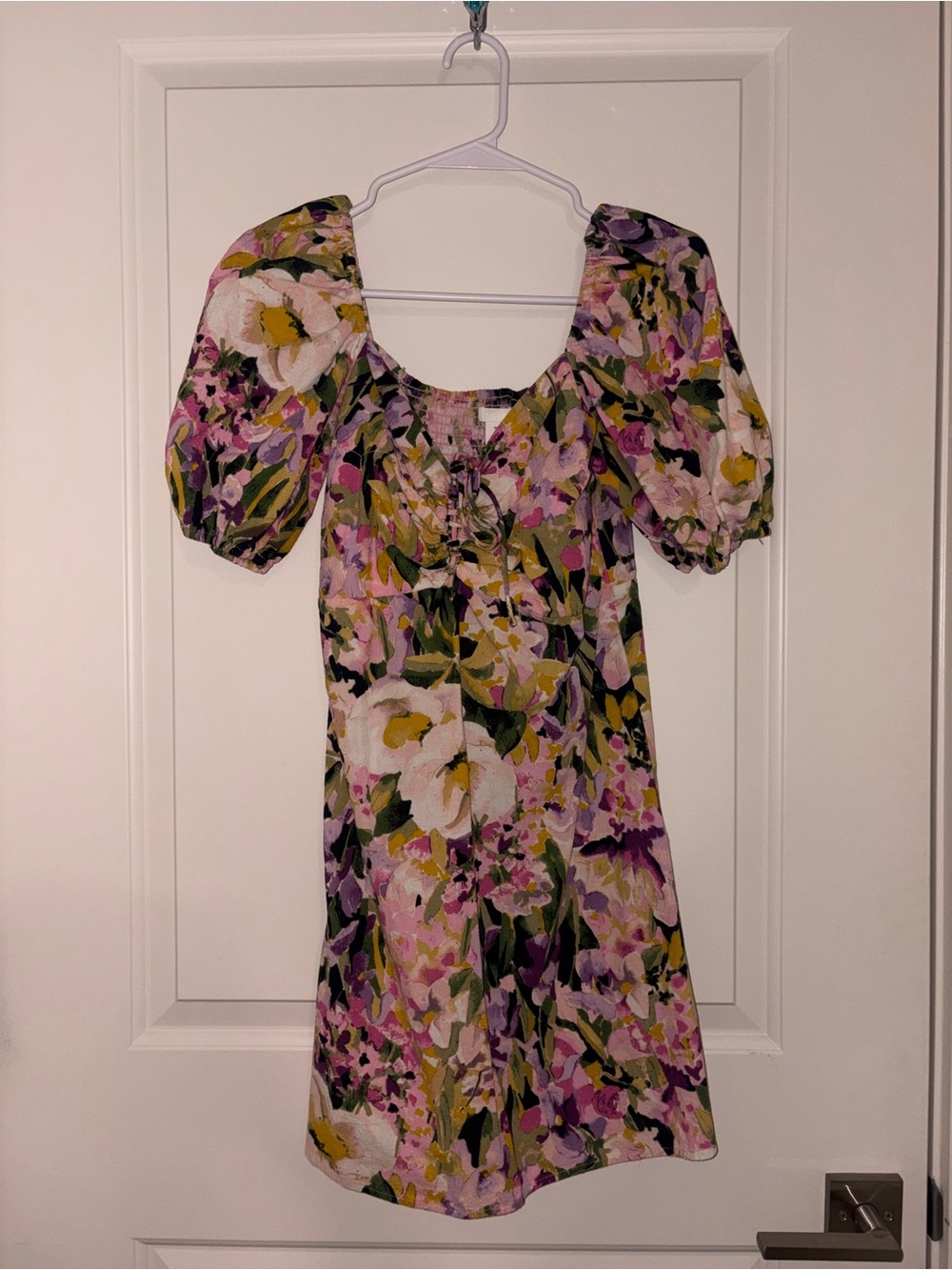 H&M Floral Puff-Sleeve Mini Dress in Lavender, Pink & Green